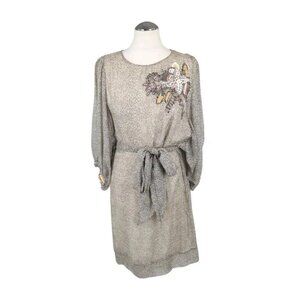 100% Silk French Connection Beaded Embellished Midi Dress Size 6 Black Beige